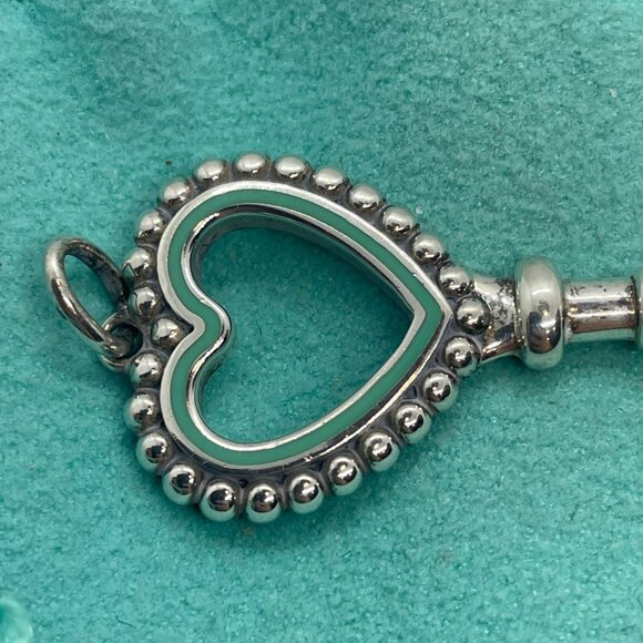 Tiffany & Co. AG 925 Sterling Silver Large Heart Key Beaded Pendant Blue Enamel - Picture 4 of 8